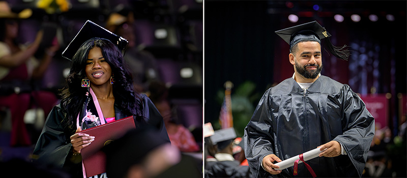 Two HCC students at commencement wearing their caps and gowns.