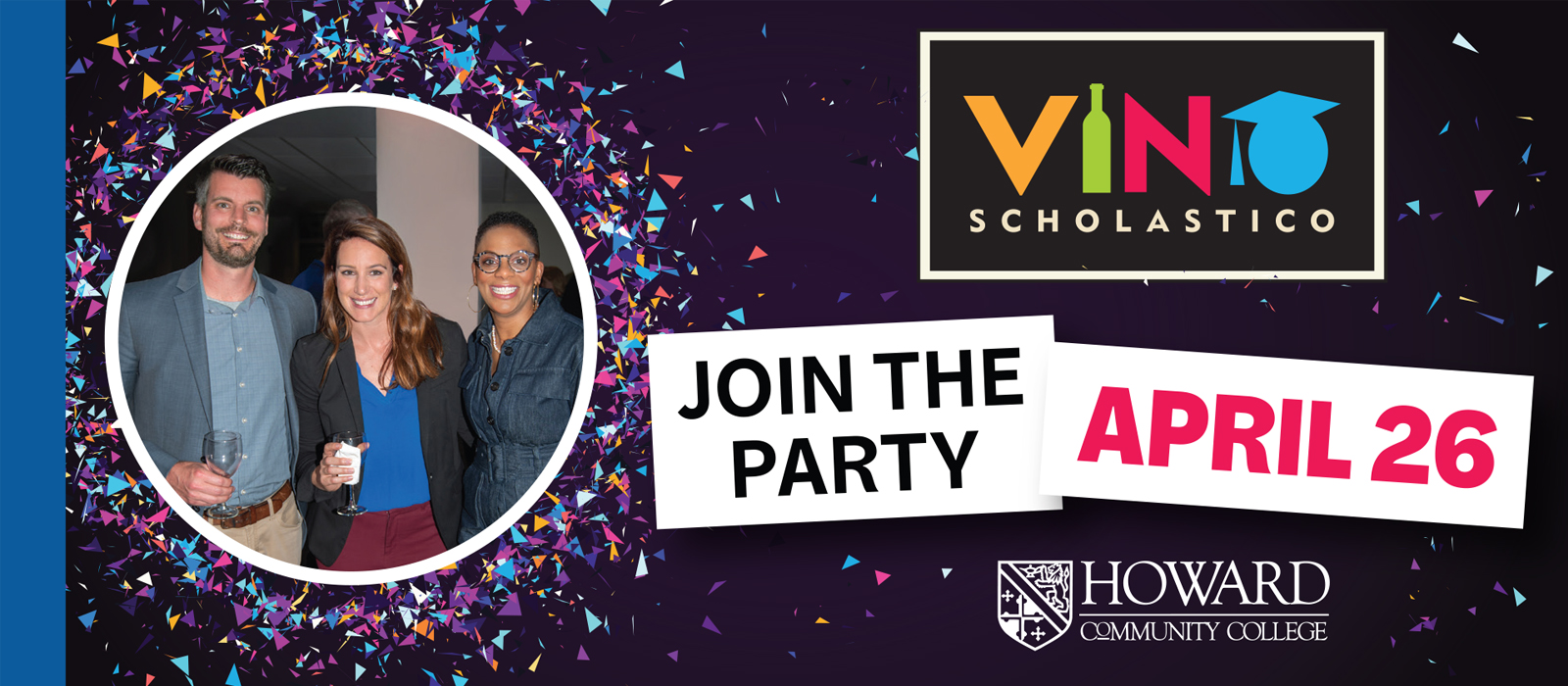 Vino Scholastico logo with guest photos and Join the Party wording