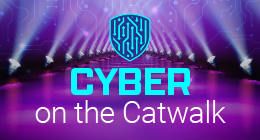 Cyber on the Catwalk logo with a shield-shaped circuit design above bold blue text, set against a purple-lit runway background.