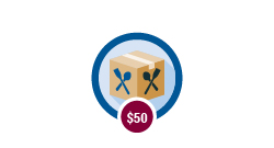 Illustration of a cardboard box with spoon and spatula symbols on the front, surrounded by a blue circle. A maroon circle with ‘$50’ is at the bottom.