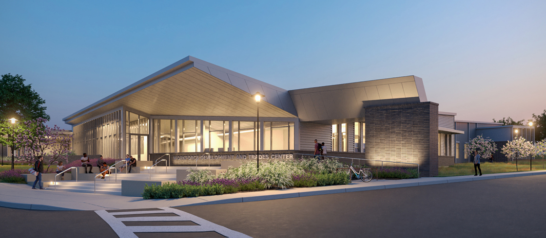 Evening view rendering of the Workforce Development and Trades Center