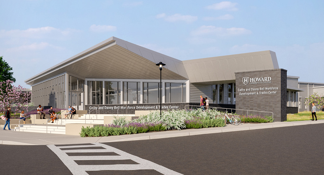 Architectural rendering of the Cathy and Danny Bell Workforce Development & Trades Center at Howard Community College.