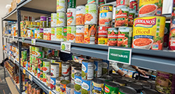A photo displaying several shelf-stable food items in a food pantry.