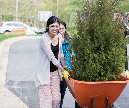 Two women, smiling, with a tree in a wheelbarrow