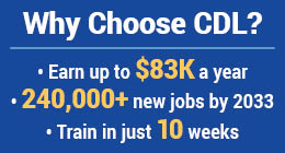 Why Choose CDL? Earn up to $83K a year. 240,000+ new jobs by 2033. Train in just 10 weeks. Text displayed on a blue background.