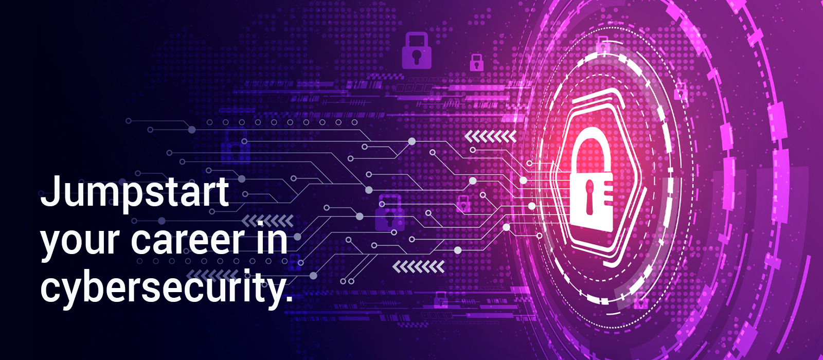 Digital illustration with a futuristic cybersecurity theme. The background features a dark purple gradient with circuit board patterns and glowing locks, representing security. On the right side, a large pink and white padlock icon is encircled by concentric digital rings. The text 'Jumpstart your career in cybersecurity' is displayed on the left in bold white letters.