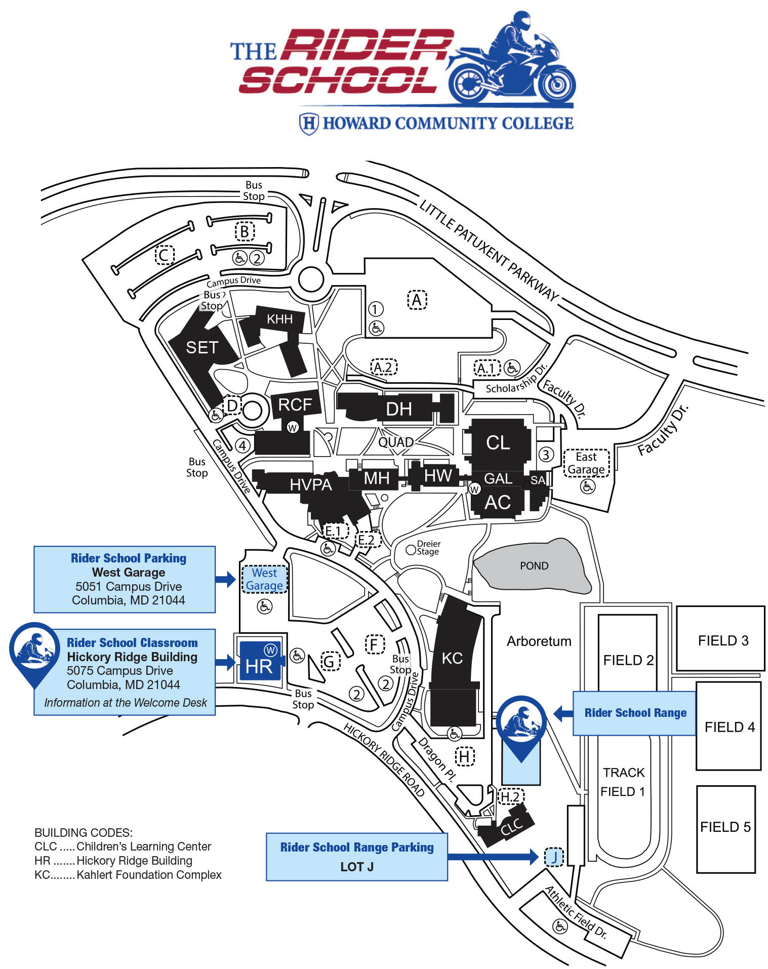 A map of Howard Community College's campus with specific location call outs for The Rider School.