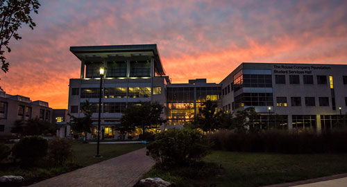 The RCF building at sunset